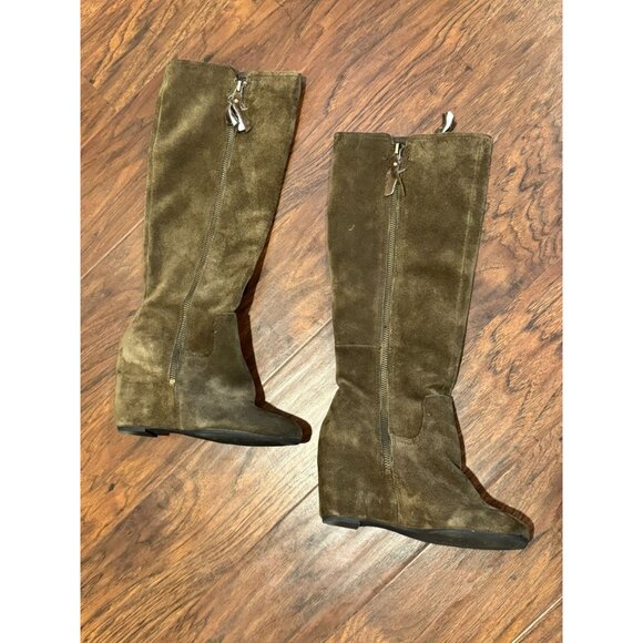 Franco Sarto olive Green Knee-High Suede Wedge Boots Side Zipper Closure Sz 5 - Picture 2 of 6